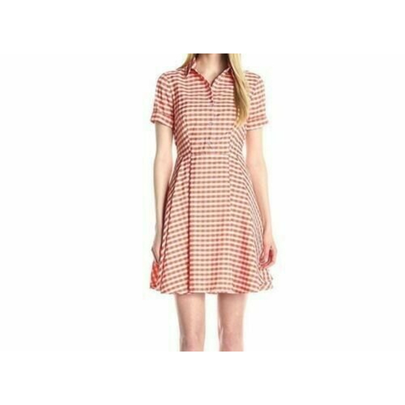 Gabby Skye Earth Red White Checked Pockets Box Pleats Shirt Dress 4 - Picture 1 of 8